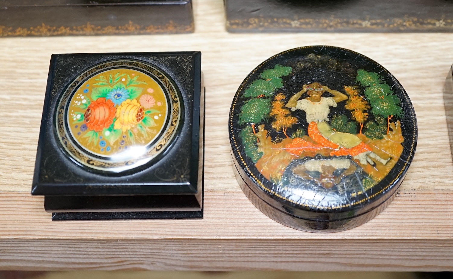 Five Russian lacquer boxes, largest 21cm x 14cm. Condition - some scratches and minor marks